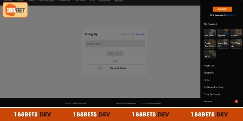 Bước 1: Truy cập 188BET và nhập Email